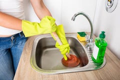 Person Using Plunger In The Sink stock photos Person Using Plunger In The Sink stock photos