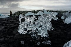 Personanseende på den svarta stranden med isberg som svävar i Jokulsa arkivfoton Personanseende på den svarta stranden med isberg som svävar i Jokulsa arkivfoton