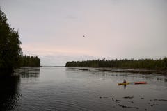 Personensegelnkajak auf Fluss bei Sonnenuntergang stockbilder Personensegelnkajak auf Fluss bei Sonnenuntergang stockbilder