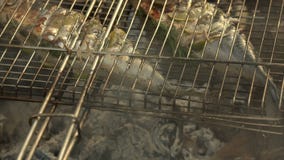 Pescados calientes en una cacerola de asado a la parilla almacen de metraje de vídeo Pescados calientes en una cacerola de asado a la parilla almacen de metraje de vídeo