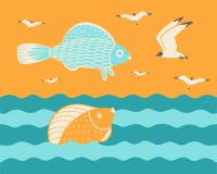 Pesce con i gabbiani di mare al tramonto illustrazione vettoriale Pesce con i gabbiani di mare al tramonto illustrazione vettoriale