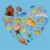 Pet shop, zoo, veterinary. Kindergarten small children. Kids plays with animals. Vector pattern woth cat, hamster, dog Stock Photos Pet shop, zoo, veterinary. Kindergarten small children. Kids plays with animals. Vector pattern woth cat, hamster, dog Stock Photos