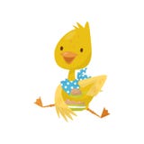 Petit caractère jaune mignon de caneton se reposant et mangeant avec l'illustration de vecteur de cuillère sur un fond blanc illustration stock Petit caractère jaune mignon de caneton se reposant et mangeant avec l'illustration de vecteur de cuillère sur un fond blanc illustration stock