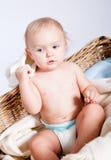 Petit enfant en bas âge mignon de chéri dans le panier avec le nounours photo stock Petit enfant en bas âge mignon de chéri dans le panier avec le nounours photo stock