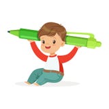 Petit garçon mignon s'asseyant sur le plancher et tenant l'illustration verte géante de vecteur de bande dessinée de stylo illustration stock Petit garçon mignon s'asseyant sur le plancher et tenant l'illustration verte géante de vecteur de bande dessinée de stylo illustration stock