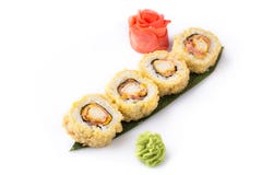 Petit pain de sushi frit chaud frais délicieux avec le lard et le fromage Menu de sushi Nourriture japonaise Roulis de sushi d'is Images stock Petit pain de sushi frit chaud frais délicieux avec le lard et le fromage Menu de sushi Nourriture japonaise Roulis de sushi d'is Images stock