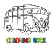 Petit rétro autobus drôle avec des yeux Livre de coloration Photos libres de droits Petit rétro autobus drôle avec des yeux Livre de coloration Photos libres de droits