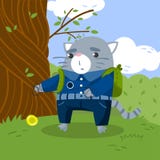 Petit étudiant mignon de chat dans l'uniforme scolaire se tenant sous l'arbre sur la pelouse et jouant l'illustration de vecteur illustration libre de droits Petit étudiant mignon de chat dans l'uniforme scolaire se tenant sous l'arbre sur la pelouse et jouant l'illustration de vecteur illustration libre de droits