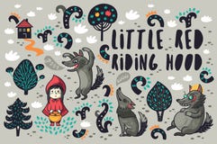 Petite fille mignonne et loups affamés gris dans l'ensemble de vecteur de forêt illustration libre de droits Petite fille mignonne et loups affamés gris dans l'ensemble de vecteur de forêt illustration libre de droits