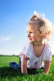 Petite fille mignonne rampant sur l'herbe verte en parc Photo libre de droits Petite fille mignonne rampant sur l'herbe verte en parc Photo libre de droits