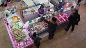 Top View Of Fish Shop Trading Floor People Buying Seafood And