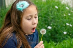 Peu de fille de Latina dans le jardin soufflant sur le pissenlit image stock Peu de fille de Latina dans le jardin soufflant sur le pissenlit image stock
