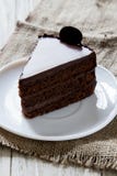 Pezzo di dolce di cioccolato sul piatto, sulla tela di sacco, sulla crema e sul biscotto Alimento della confetteria di compleanno fotografie stock Pezzo di dolce di cioccolato sul piatto, sulla tela di sacco, sulla crema e sul biscotto Alimento della confetteria di compleanno fotografie stock