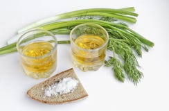 Pfefferwodka in zwei transparenten Gläsern, in den Frühlingszwiebeln, im Dill, im Roggenbrot und im groben Salz - Stillleben lizenzfreies stockbild Pfefferwodka in zwei transparenten Gläsern, in den Frühlingszwiebeln, im Dill, im Roggenbrot und im groben Salz - Stillleben lizenzfreies stockbild