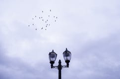 Phare avec un fond d'un ciel nuageux et d'un troupeau de vol noir de corneilles derrière lui, groupe de corneilles noires derrièr image libre de droits Phare avec un fond d'un ciel nuageux et d'un troupeau de vol noir de corneilles derrière lui, groupe de corneilles noires derrièr image libre de droits