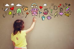 Photo of cute kid imagine princess or fairytale fantasy. set of infographics over textured wall background