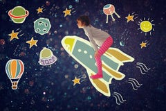 Photo of cute kid imagine spachip flight. image withe set of infographics over glittery background