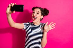 Photo Of Cheerful Excited Curly Cute Sweet Nice Girlfriend Waving Hand To Ones She Speak With By Video Call Holding Stock Image