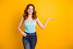 Photo Of Cute Wavy Curly Cheerful Fascinating Pretty Sweet Girlfriend Wearing Turquoise Tank-top Jeans Denim Holding Stock Images Photo Of Cute Wavy Curly Cheerful Fascinating Pretty Sweet Girlfriend Wearing Turquoise Tank-top Jeans Denim Holding Stock Images