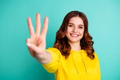 Photo Of Wavy Curly Charming Fascinating Gorgeous Girlfriend Smiling Toothily Showing You Three Fingers Sign Isolated Royalty Free Stock Images