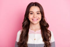 Photo Of Young Cheerful Brown Hair Curly Girl Happy Positive Smile Isolated Over Pink Color Background Stock Photos