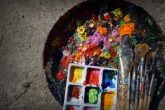 Photo of paintbrushes closeup and artist palette from thailand