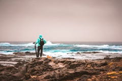 Photograph with a dog looking for motive. Waves hitting volcanic rocky coastline. Sahara dust in the sky. Santo Antao. Island, Cape Verde Stock Images Photograph with a dog looking for motive. Waves hitting volcanic rocky coastline. Sahara dust in the sky. Santo Antao. Island, Cape Verde Stock Images