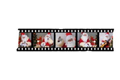Photographic film, frames with photos of two men, collage on santa claus in red suit, concept of christmas, waiting for gifts,