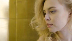 Pi?kny blondynki kobiety twarzy zako?czenie up akcja W górę twarzy piękna blondynki kobieta w słońcu zdjęcie stock Pi?kny blondynki kobiety twarzy zako?czenie up akcja W górę twarzy piękna blondynki kobieta w słońcu zdjęcie stock