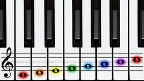 Piano keys, treble clef on stave, colored notes. Tutorial, educational instructor's illustration: attractive and joyful piano keys, keyboard, notes in rainbow Piano keys, treble clef on stave, colored notes. Tutorial, educational instructor's illustration: attractive and joyful piano keys, keyboard, notes in rainbow