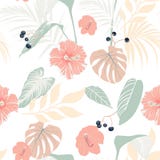 Piante tropicali ed ibisco pastello Modello tropicale senza cuciture, fondo illustrazione di stock Piante tropicali ed ibisco pastello Modello tropicale senza cuciture, fondo illustrazione di stock