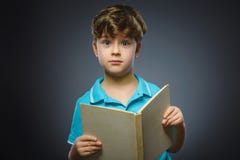 Piccolo ragazzo domandantesi bello con il libro isolato su fondo grigio immagini stock libere da diritti Piccolo ragazzo domandantesi bello con il libro isolato su fondo grigio immagini stock libere da diritti