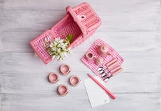 Picknickkarte mit Gedeck und Schneeglöckchen, mit leerer des Rosas und weißer karierter Serviette des Briefpapiers, des Tafelsilb stockfotografie Picknickkarte mit Gedeck und Schneeglöckchen, mit leerer des Rosas und weißer karierter Serviette des Briefpapiers, des Tafelsilb stockfotografie