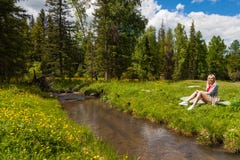 A picnic on the bank of a mountain river with green grass and yellow flowers against the background of coniferous trees and a blue royalty free stock photography A picnic on the bank of a mountain river with green grass and yellow flowers against the background of coniferous trees and a blue royalty free stock photography