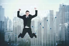 Successful businessman jumping with growth statistic Stock Images Successful businessman jumping with growth statistic Stock Images