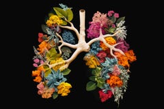 Picture of human lungs made out of flowers and leaves on black background. Generative AI