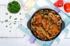 Pieces of fried rabbit with forest mushrooms on a cast-iron frying pan stock images Pieces of fried rabbit with forest mushrooms on a cast-iron frying pan stock images