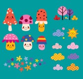 Pieczarki, kwiaty, chmury, natura projekta elementy ustawiający ilustracja wektor Pieczarki, kwiaty, chmury, natura projekta elementy ustawiający ilustracja wektor