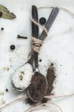 Pikantność W łyżkach Zbliżenie makro- fotografia sól i pieprz Kamienny marmuru stołu tło Nieociosany rocznika koloru tonowanie Zdjęcia Stock Pikantność W łyżkach Zbliżenie makro- fotografia sól i pieprz Kamienny marmuru stołu tło Nieociosany rocznika koloru tonowanie Zdjęcia Stock