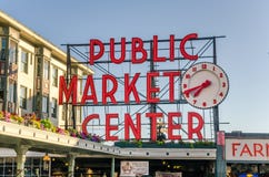 Pike Place Market Neon Sign at sunset stock photo Pike Place Market Neon Sign at sunset stock photo