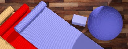Pilates class. Exercise mats and equipment on wooden floor, top view, copy space. 3d illustration stock illustration Pilates class. Exercise mats and equipment on wooden floor, top view, copy space. 3d illustration stock illustration