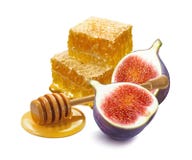Pile of honeycomb pieces, dipper and fig isolated on white background royalty free stock image Pile of honeycomb pieces, dipper and fig isolated on white background royalty free stock image