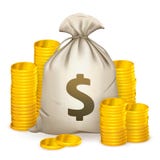Piles des pièces de monnaie et du sac d'argent illustration stock Piles des pièces de monnaie et du sac d'argent illustration stock