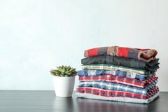 Pilha de camisas coloridas e de planta suculento na tabela fotografia de stock Pilha de camisas coloridas e de planta suculento na tabela fotografia de stock