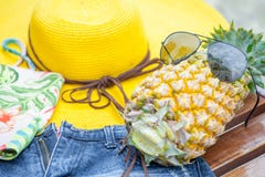 Pineapple Glasses or Sunglasses yellow big sun hat bikini and Sh Stock Photos Pineapple Glasses or Sunglasses yellow big sun hat bikini and Sh Stock Photos