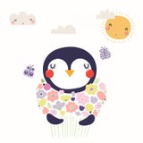 Pingüino lindo con las flores libre illustration Pingüino lindo con las flores libre illustration