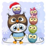 Pingüino lindo de la historieta y cinco búhos ilustración del vector Pingüino lindo de la historieta y cinco búhos ilustración del vector