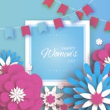 Pink Blue Happy Women`s Mother`s Day. 8 March. Floral Greeting Card. Paper cut Flowers. Origami flower. Flags.Square stock illustration Pink Blue Happy Women`s Mother`s Day. 8 March. Floral Greeting Card. Paper cut Flowers. Origami flower. Flags.Square stock illustration