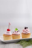 Pink cupcake with red cherry, blueberry sauces, green jelly royalty free stock images Pink cupcake with red cherry, blueberry sauces, green jelly royalty free stock images