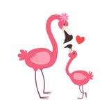 Pink Flamingo Mom With Flower Animal Parent And Its Baby Calf Parenthood Themed Colorful Illustration With Cartoon Fauna